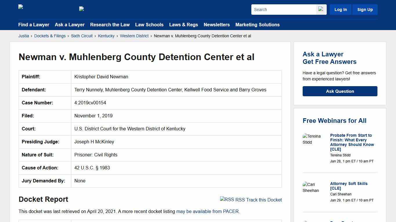 Newman v. Muhlenberg County Detention Center et al 4:2019cv00154 U.S. District Court for the Western District of Kentucky Justia